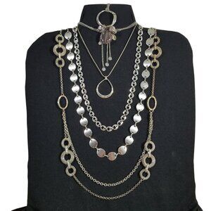 Silvery Necklace Bundle Circles & Ovals 5 1/2 Pieces Choker to Rope